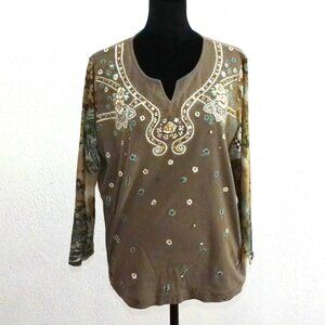 T & Company, Women's green floral blouse, with beads and sequins design
